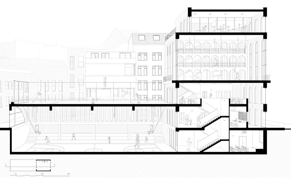a sketch of St Paul's Sports Centre in black and white